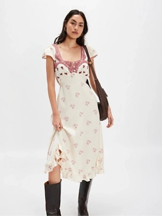Free People Dresses & Skirts - Free People Haven Embroidered Lace Trim Satin Midi Dress